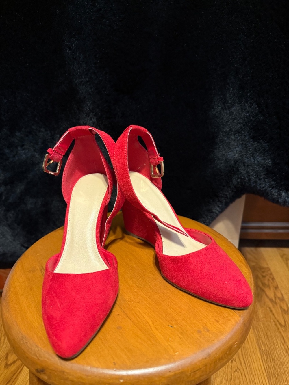 Red suede like ankle strap wedge